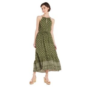 Time and Tru Olive Patterned Midi Dress